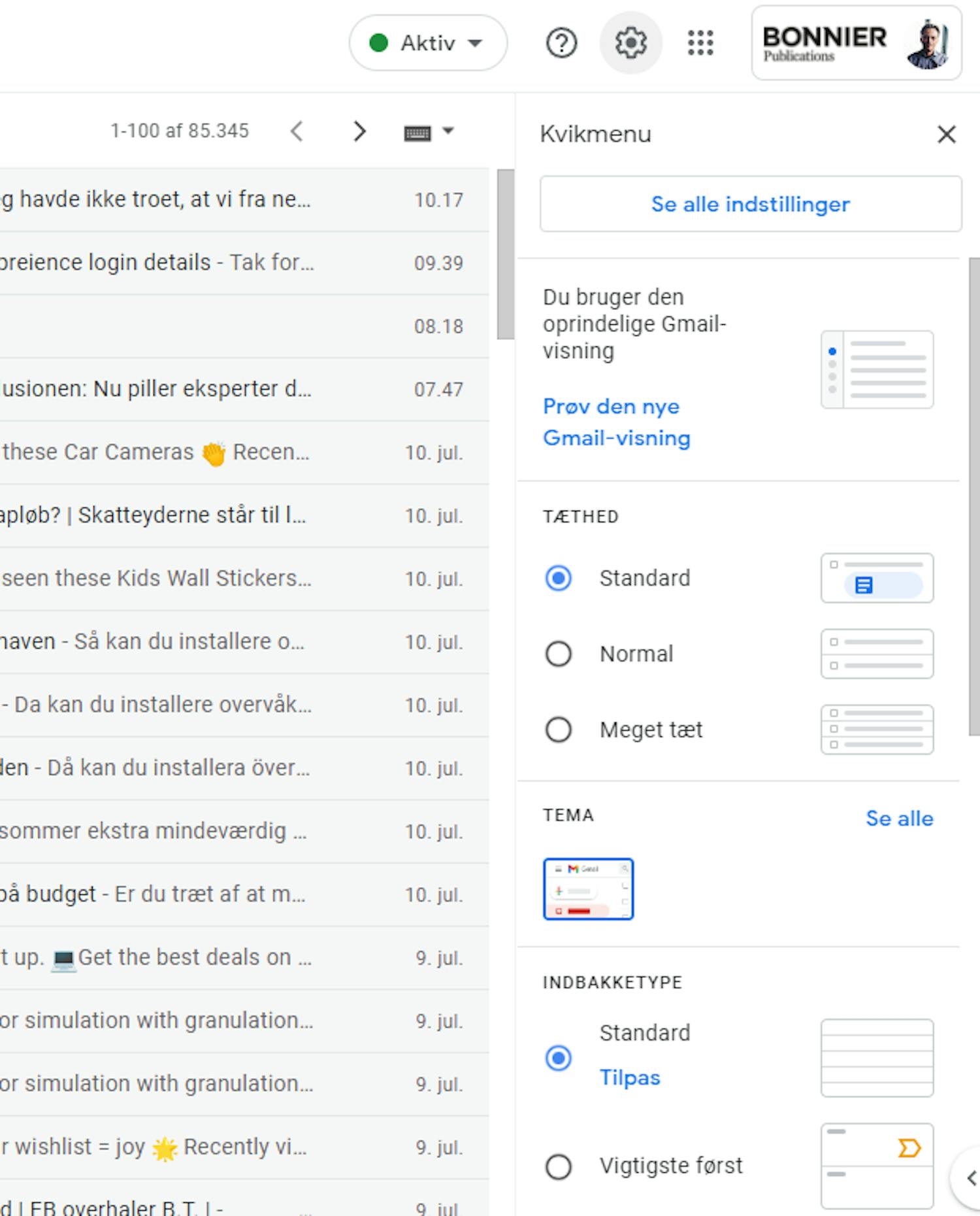 Gmails nya utseende hittar du genom att klicka på kugghjulet uppe i högra hörnet och välja Testa den nya Gmail-vyn.